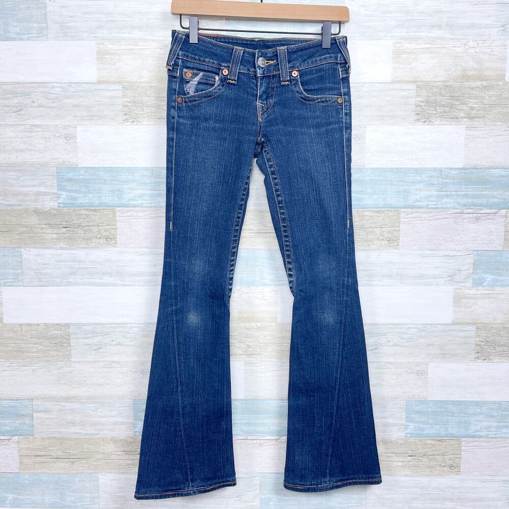 True Religion Joey Horseshoe Logo Spray Paint Jeans Dark Wash Low Rise Womens 26